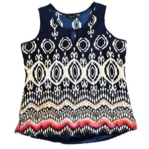 Antilia Femme Navy Blue Ikat Print Sleeveless Keyhole Neck Blouse Women's Size S